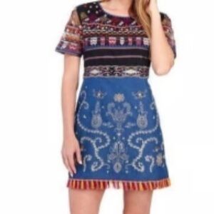 V Cristina Indiana Styler Boho Hippie Peasant Embroidered Fringed Dress Sz 8